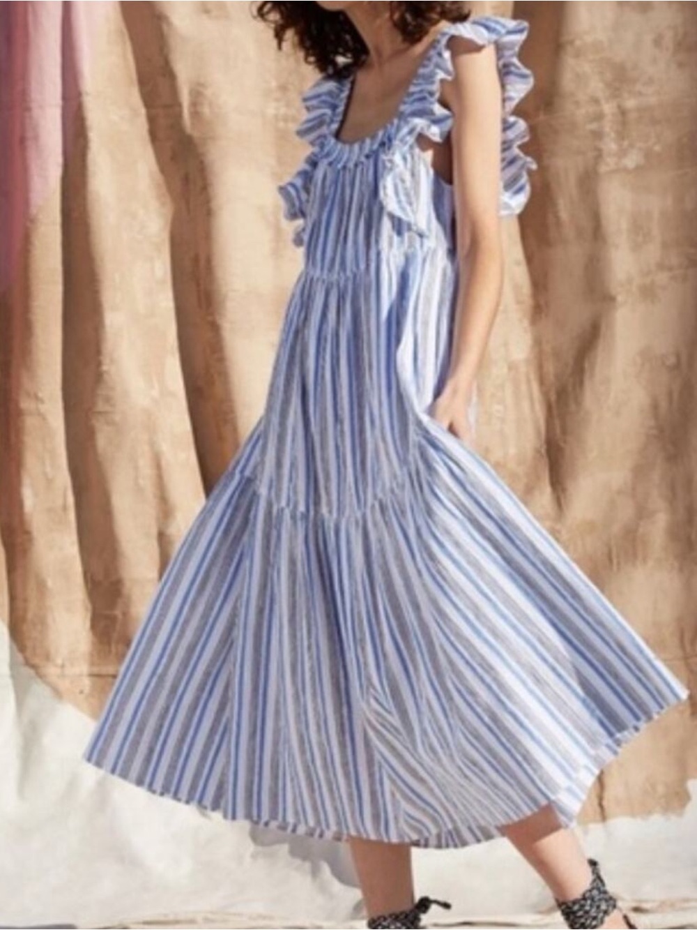 Apiece Apart Ossetia Tiers Midi Dress Blue White Seaside Stripe Ruffles Size 2
